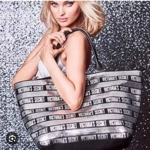NWOT Victoria Secret Black & Silver Sequin Large Weekender Tote Bag Travel Bag